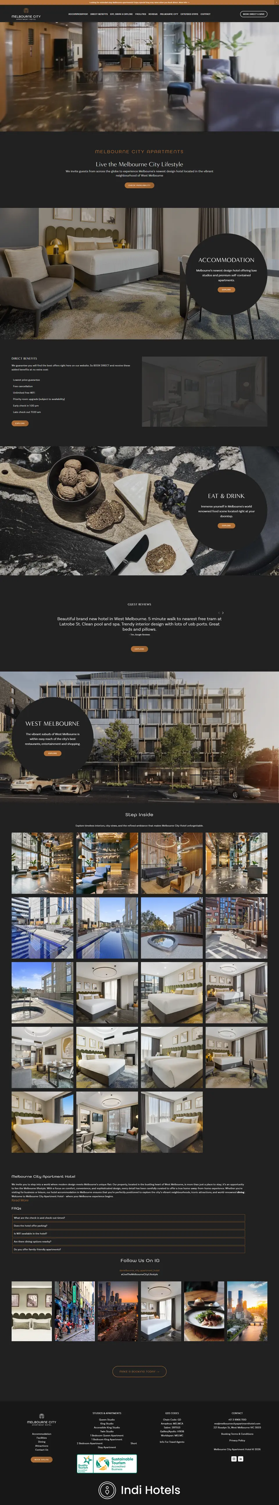 Melbourne City Apartment Hotel website homepage, designed by Indi