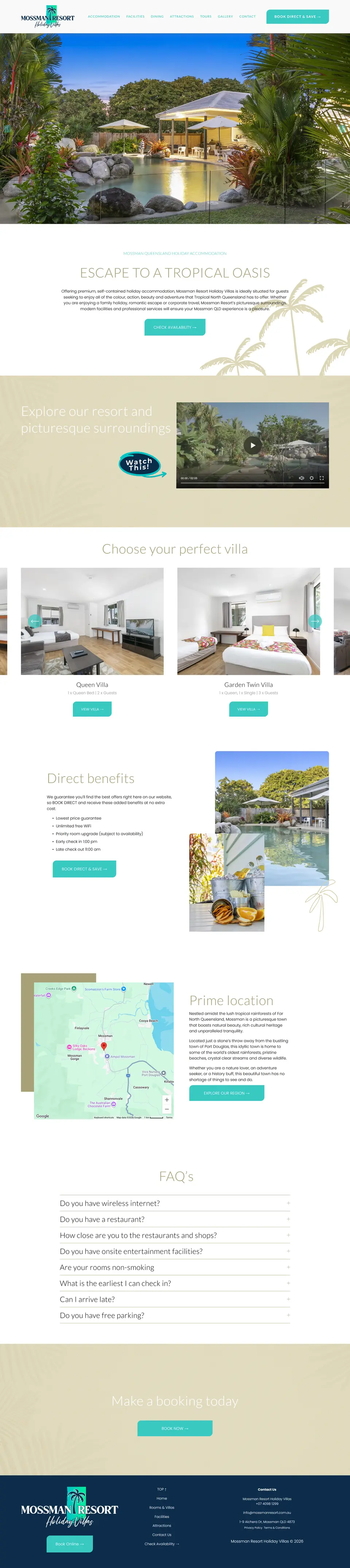 Mossman Resort Holiday Villas website homepage, designed by Indi